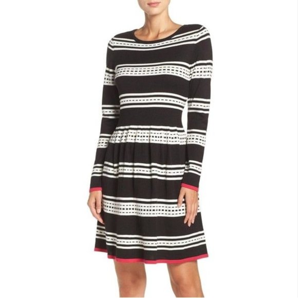 Eliza J Womens Striped Knit Fit and Flare Sweater Dress Black White Size XS - Picture 1 of 7
